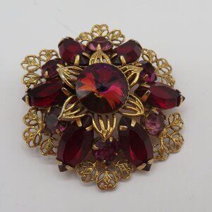 Vintage Volcano Rivoli Red Pink Rhinestone Gold Tone Filigree Brooch